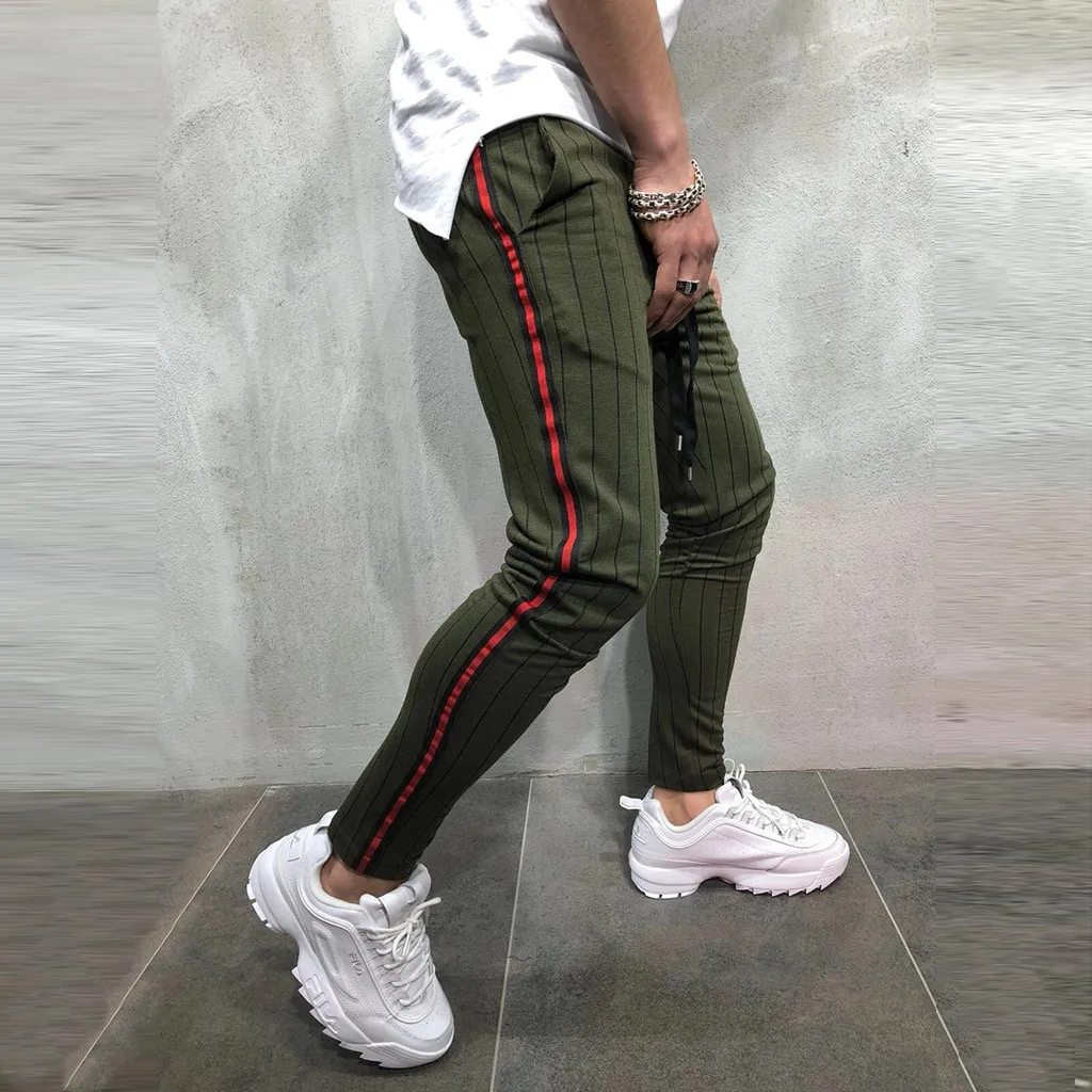 2019 тонкий для мужчин в полоску треники бегунов мужской Calca Masculina хип поп-брюки карман Drawsting повседневное s брюки с полосой сбоку