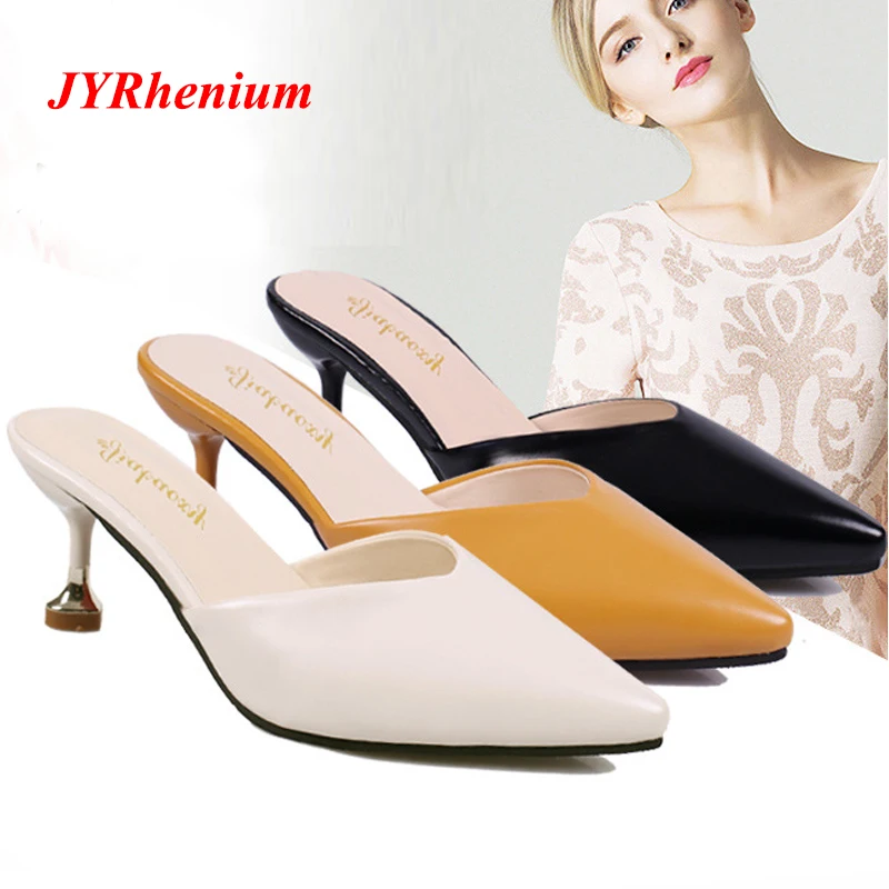 

JYRhenium New 2018 Design Fashion Summer Cool Slippers Women Super Thin Middle Heel Sandals Office Dress Slipper Shoes Woman