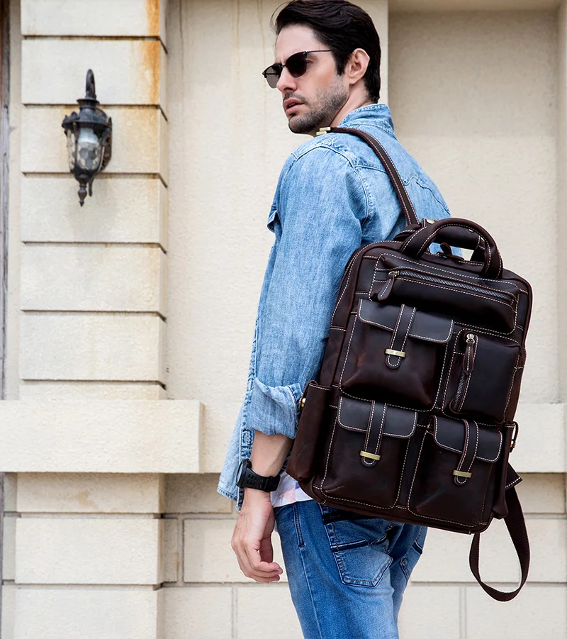 Retro Men Crazy Horse Leather Backpack Genuine Leather High Quality Travel Male Bags Large Capacity Bolsa Grande Cowhide Pack