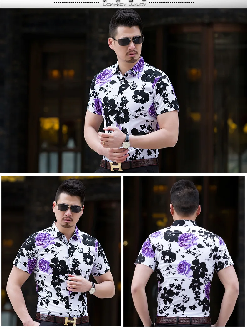Качественная брендовая Новая мужская рубашка летняя приталенная Мужская рубашка с коротким рукавом с отложным воротником размера плюс Мужская рубашка с цветочным принтом