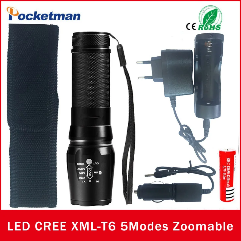 4000 Lumens CREE XML T6 LED Flashlight Waterproof Zoomable Adjustable Tactical Torch Lamp Charger Cloth Cover 18650 Battery
