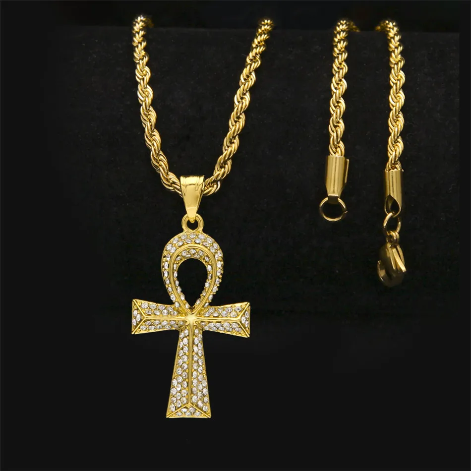 

Iced Out Egyptian Ankh Pendant Necklace Golden Charm Bling Rhinestone Crystal Mens Hip Hop Pendant Necklace Chain