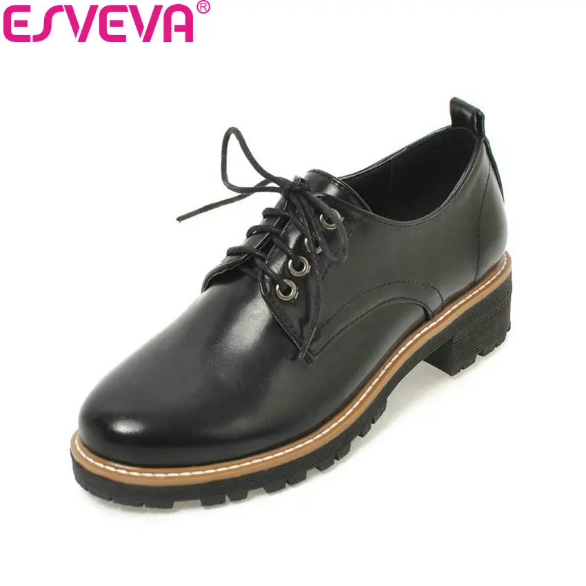 

ESVEVA 2018 Round Toe Woman Pumps Lace Up Novelty Square High Heels PU Spring and Autumn Appointment Ladies Shoes Size 34-43