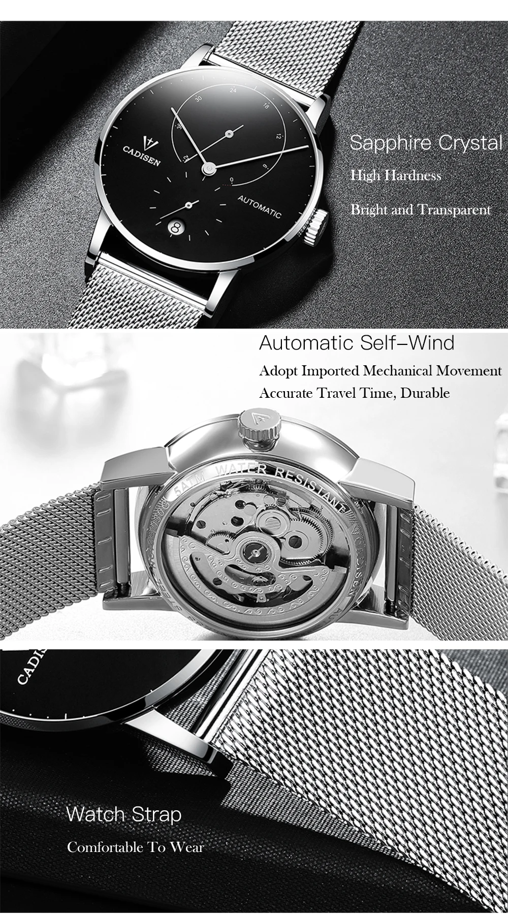 CADISEN часы мужские полностью стальные автоматические самозаводные мужские часы Механические запасные часы модные повседневные сетчатые наручные часы