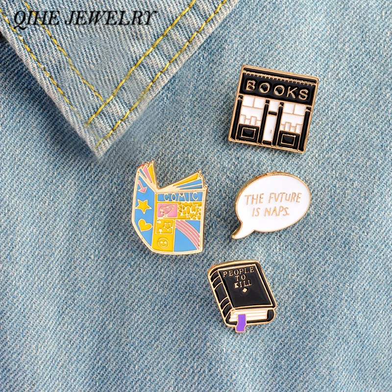 

4pcs/set Pins brooch Books bookstore message to do list Cartoon pins Lapel pin Funny badge Gift for students