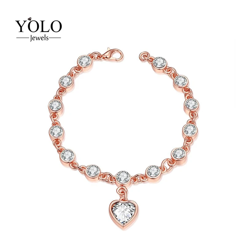 Heart Shape Rose Gold Color Crystal Bracelets For Women Cute with Rhinestone Romantic Bracelet Jewelry Accessories | Украшения и