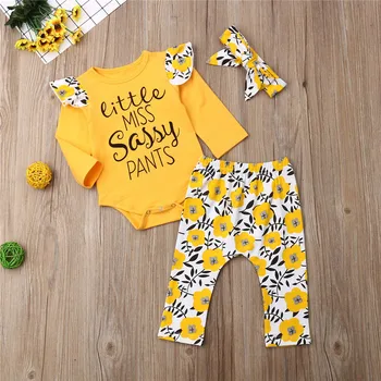 

Newborn Kids Baby Girls free shipping Clothes Flower print Pants bow Headband Ruffle long sleeve Bodysuit 3pc Cotton Outfits