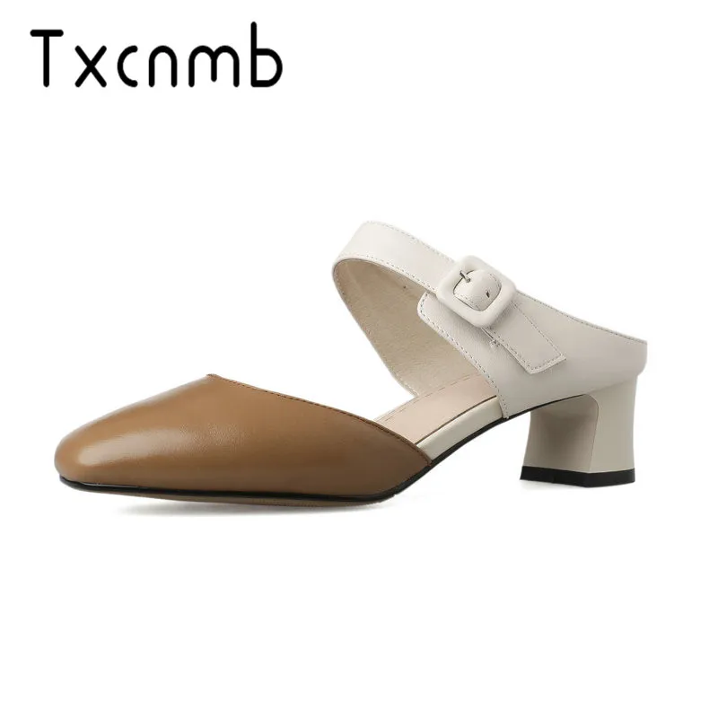 

TXCNMB Shoes Woman 2019 Wedding Square Heels Sandals for Woman Summer Genuine Leather Shoes Woman Free Shipping