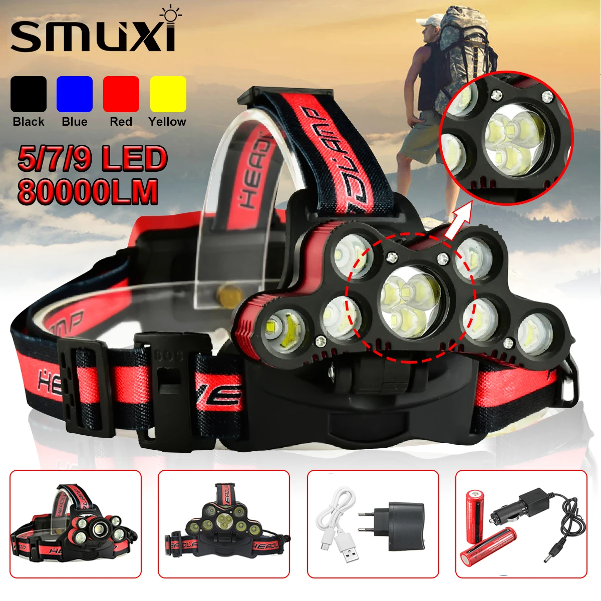 

Smuxi LED Headlamp 60000LM 5/7/9 LED T6 Headlight Head Flashlight Torch Forehead USB Rechargeable Head Lamp Fishing Headlight