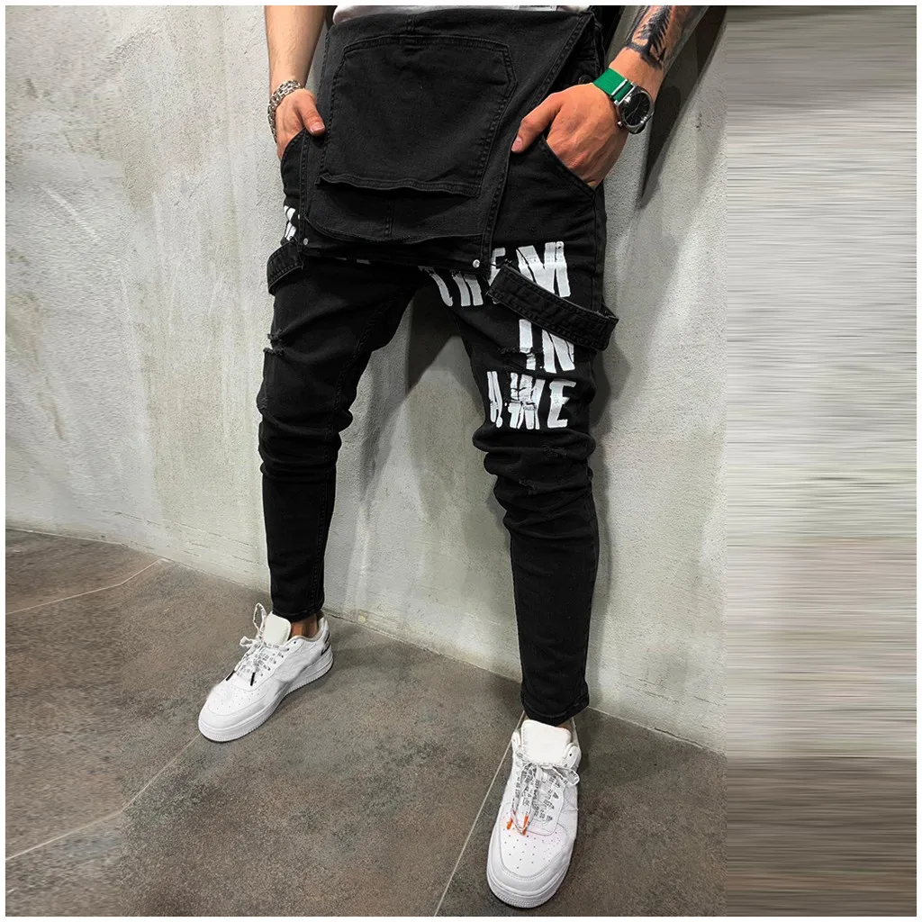 Men jumpsuit Men's Overall Casual pantalones hombre Jeans Wash Broken Pocket Trousers Suspender pantalon invierno hombre Pants