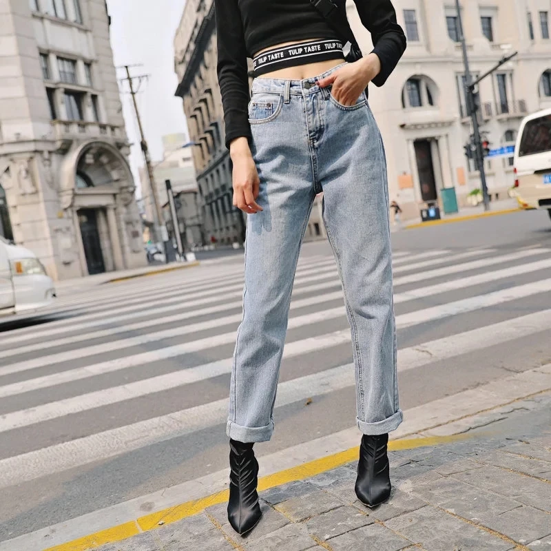 

Klacwaya fashion women boyfriend jeans 2019 mom ladies slim high waist jean pants Korean street-wear trousers girls denim pants