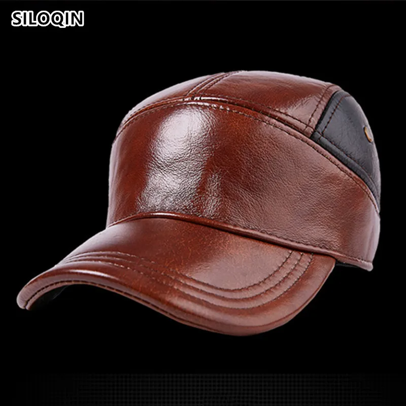

SILOQIN Adjustable Genuine Leather Hat Men First Layer Cowhide Baseball Caps Bone Autumn Winter Warm Earmuffs Man's Cap Gorras