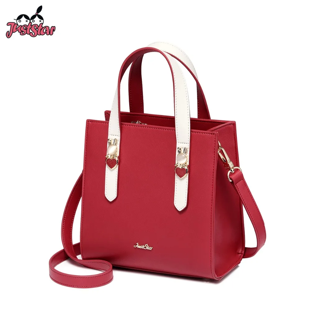 

JUST STAR Women's PU Leather Handbags Ladies Fashion Rabbit Shoulder Tote Purse Female Elegant Red Panelled Messenger Bag