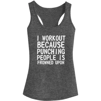 

Womens I Workout Because Punching People is Frowned Upon Racerback Tank Tops - Heathered Grey