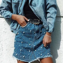 Лето весна женская тонкая юбка-карандаш с завышенной талией из бисера джинсовые асимметричные юбки до колена Мини юбки Повседневные женские юбки