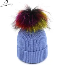 Lanxxy яркий Шелковый вязаный зима Шапки для Для женщин девочек помпоном Hat Настоящее комбинированного меха шапочки Skullies шапки Gorro