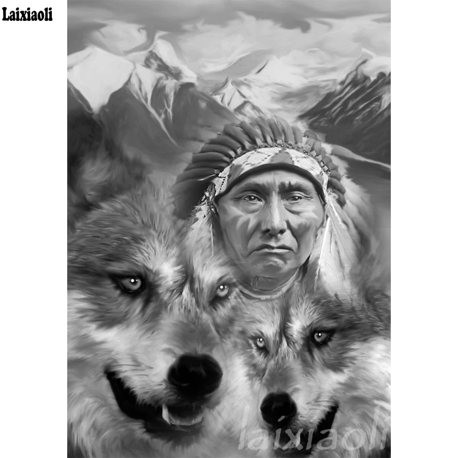 

5D DIY Diamond Painting Cross Stitch diamond Embroidery Kits full square mosaic Indian woman and wolf black white art home decor