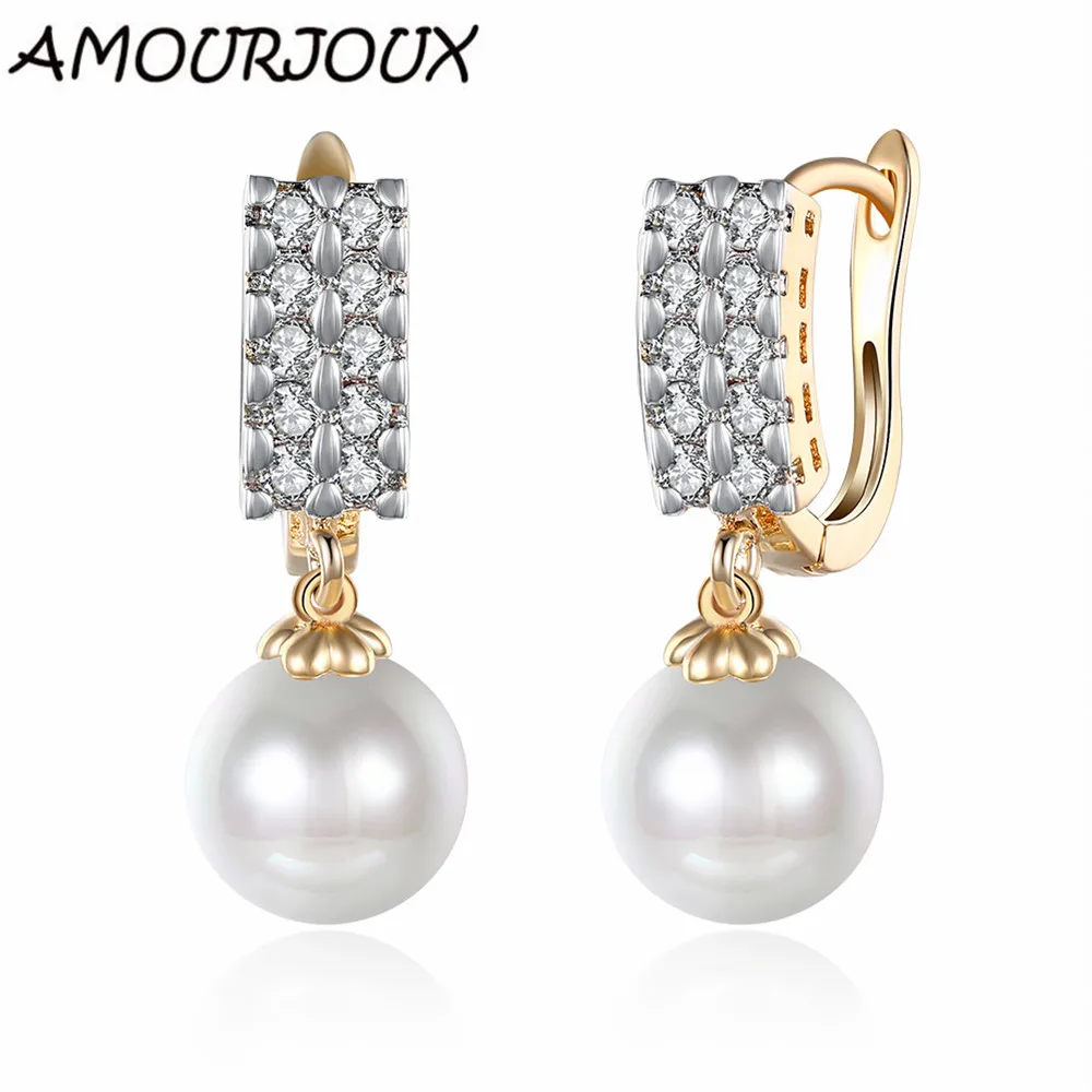 

AMOURJOUX Simulated Pearl Dual Line Zircon Gold Color Hoop Earrings For Women Trendy Hoops on Ear Cuff Female For Party