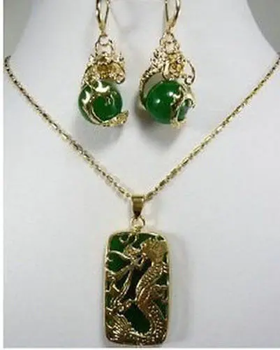 

FREE SHIPPING>>@> Jewelry Fashion New Green stone Dragon Pendant necklace earring set For Women Natural jewelry