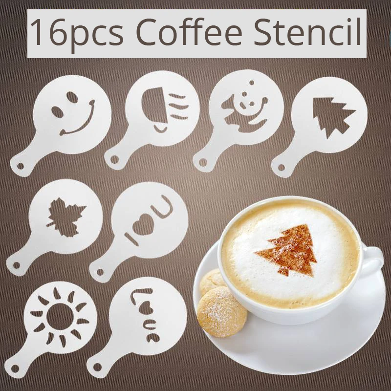 

16pcs/set Coffee Stencil Filter Coffee Maker Cappuccino Barista Mold Templates Strew Flowers Pad Spray Art Coffee Tools