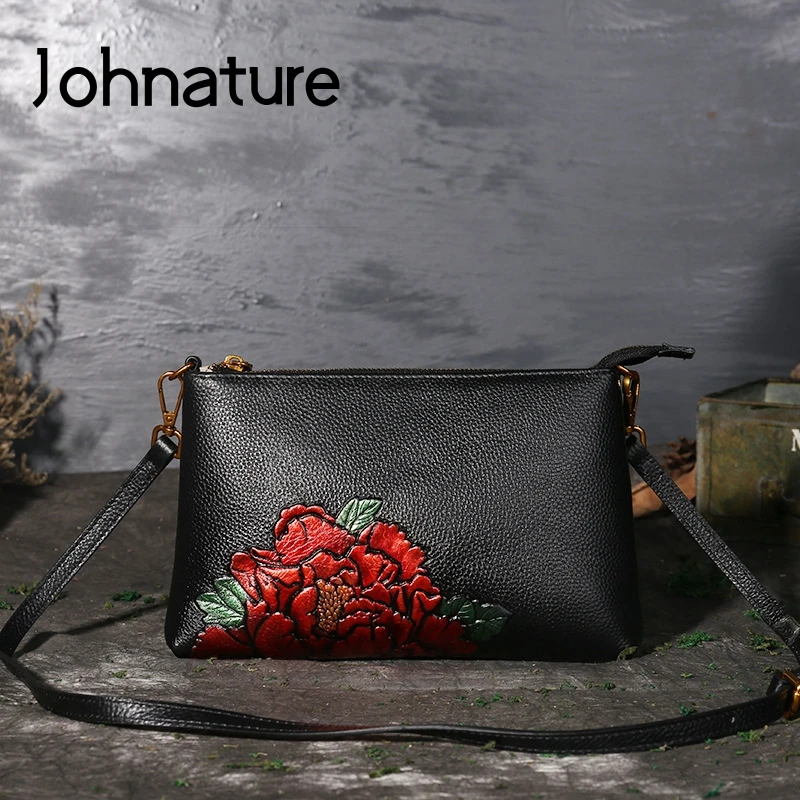 

Johnature 2019 New Genuine Leather Envelope Day Clutches Vintage Floral Zipper Soft Silt Pocket Versatile Bag Women Handbag