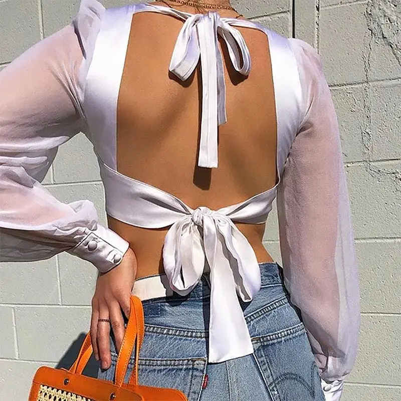 Cropped Mesh Backless See Through Women Blouse Tops Sexy White Long Sleeve Lace Up Bow Tie Womens Tops Blouses 2019 Summer Shirt
