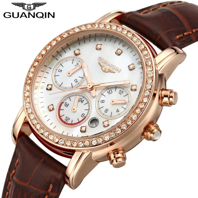 GUANQIN модные женские часы лучший бренд класса люкс кварцевые часы с бриллиантами кожа девушка часы Женское платье наручные часы Reloj Mujer A - Цвет: C