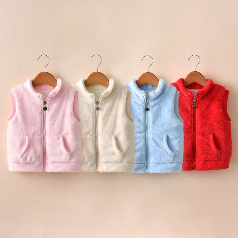 Boys Girls Winter Fleece Vest Kids Solid Zipper Waistcoats Sleeveless