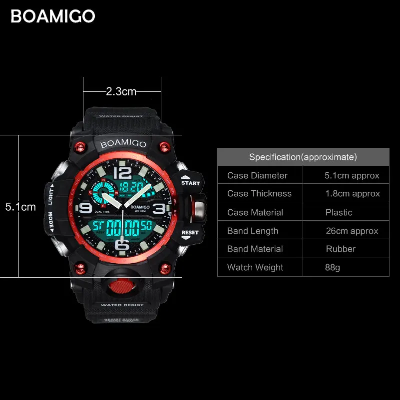 BOAMIGO Брендовые мужские спортивные часы светодиодный цифровые часы Модные Аналоговые Кварцевые водонепроницаемые наручные часы красные часы Relogio Masculino