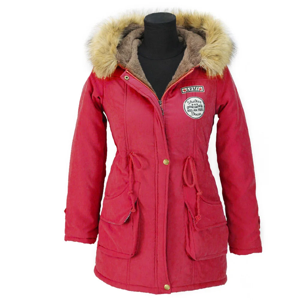 SheBlingBling, женские модные парки, зимние куртки, пальто, искусственный мех, с капюшоном, воротник, повседневные Длинные парки, хлопковые ватные пальто - Цвет: Red