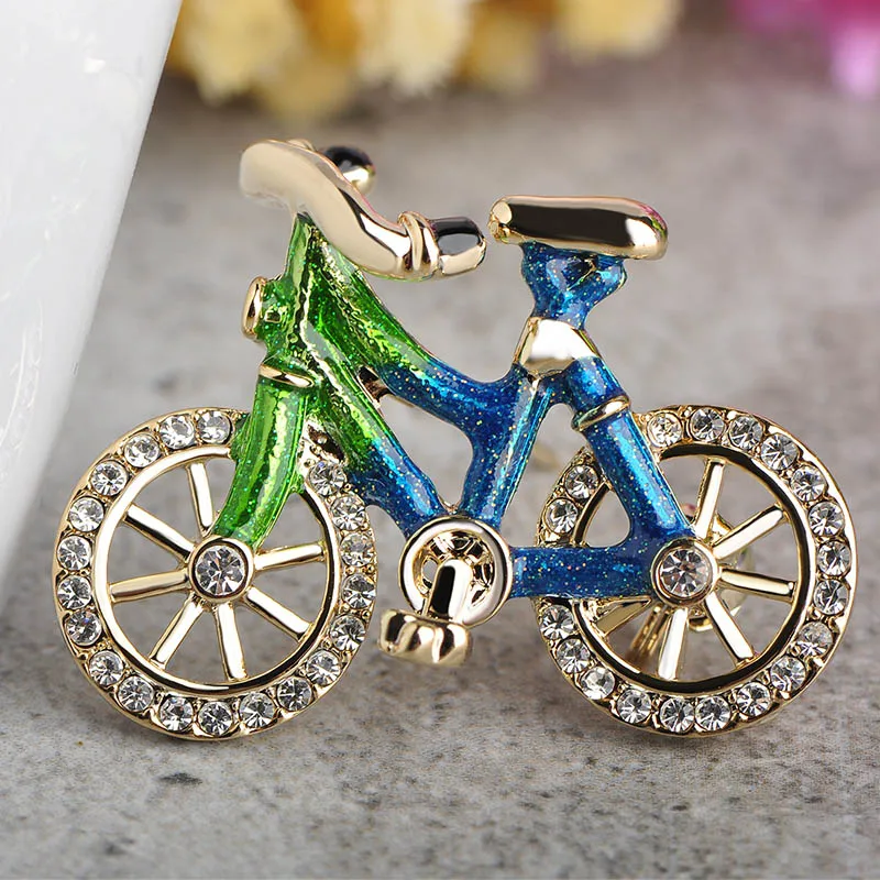 Blucome Fashion Blue Enamel Crystal Bike Brooch Gold Color Bicycle Corsage Women Men Kids Brooches Pins For Suit Scarf Sweater