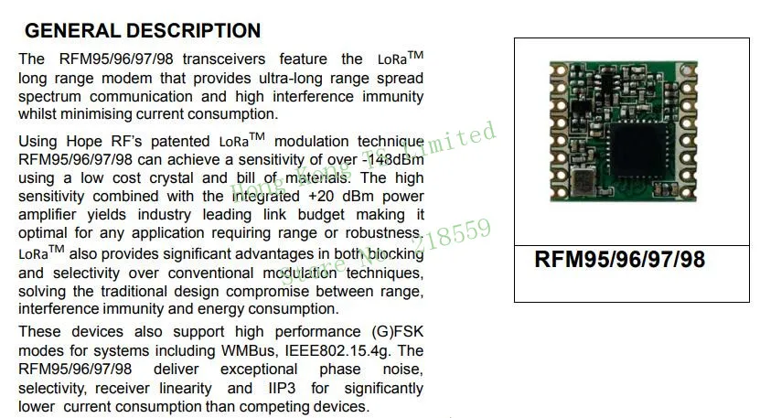 RFM95 20dBm 100 мВт 868 МГц 915 МГц DSSS распределенный спектр беспроводной модуль приемопередатчика SPI SX1278 SX1276 SMD lora модуль