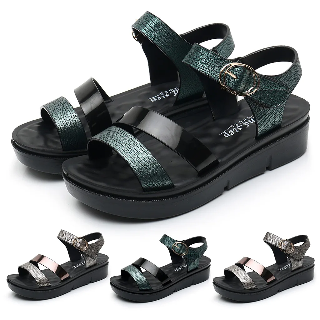

New store opening promotion slides Women Ladies Summer Fashion Leather Sandals Wedges Comfort Big Size Shoes zapatos de mujer%40