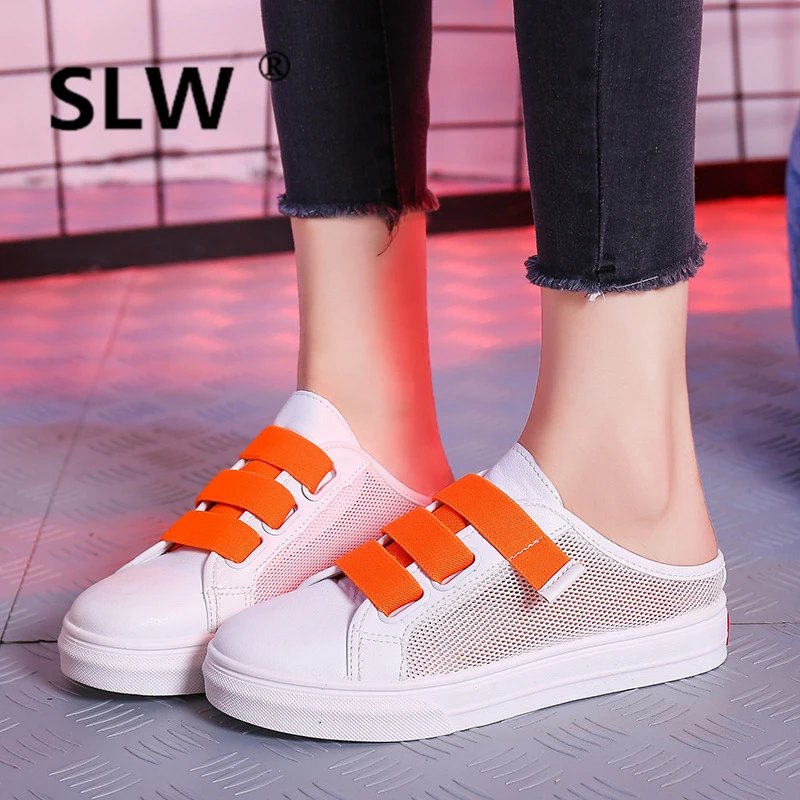 

Shoes Without Heel Slippers Women Summer Big Size Slides Cover Toe Flat 2019 Sliders Mesh Fabric PU Basic Fretwork Women's