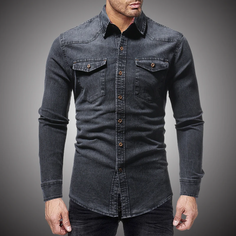 Black Denim Shirt Men Casual Fit Slim Long Sleeve Shirts 2019 Autumn Cotton Jeans Dress Shirt Mens Clothing Plue Size WY102