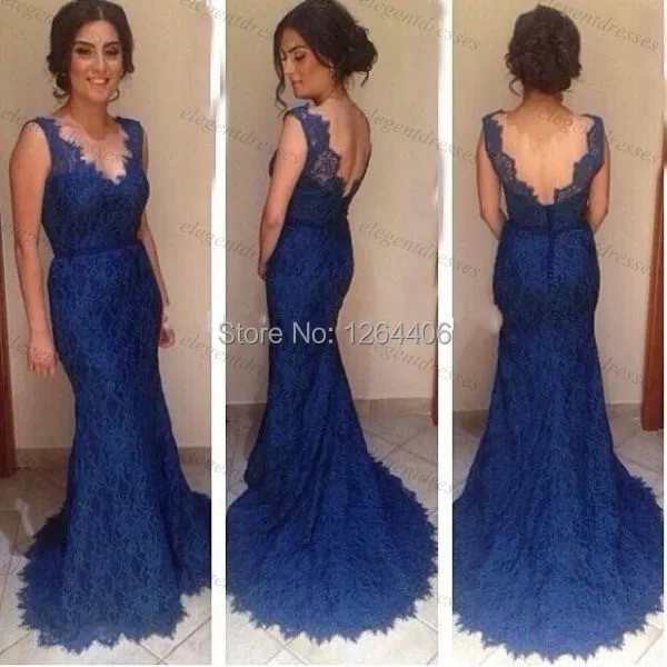 Free Shipping Navy Blue Lace Evening Dress Woman Evening Dresses