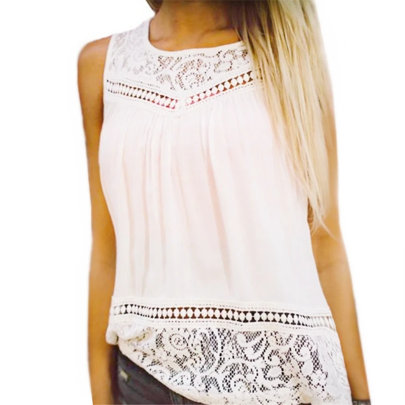 

Lace Women Chiffon Blouse Sleeveless Plus Size Shirt Women Tops Casual O Neck Blusas Femininas Camisas Mujer Wholesale noJA26