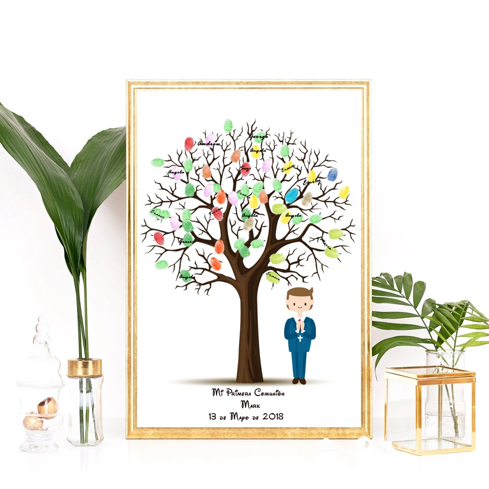 

Personalized Boy's First Communion Gift Fingerprint Tree Guestbook Creative Communion Souvenir Baptism Souvenir Christening Boy