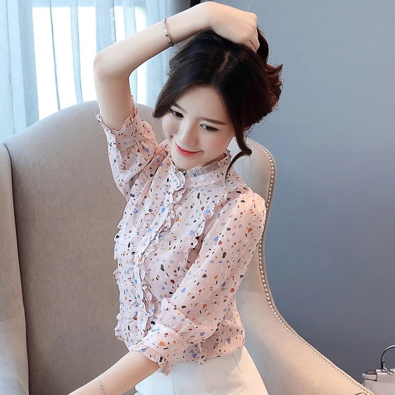  Dingaozlz Fashion Lady Tops Summer New Chiffon Shirt Ruffles Collar Printed Women blouse Casual Wom