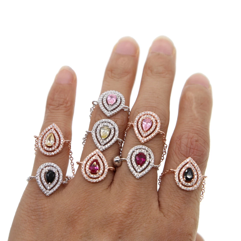 

2018 colorful various color european usa franch hot selling delicate tear drop CZ adjust chain charm ring lovely fashion design