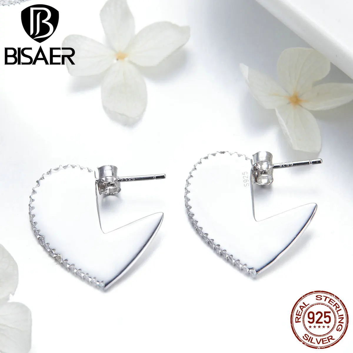 BISAER,, 925 пробы, серебряные, на День святого Валентина, любовь, сердце, серьги-гвоздики для женщин, внутреннее сердце, модные серьги, ювелирное изделие, ECE512