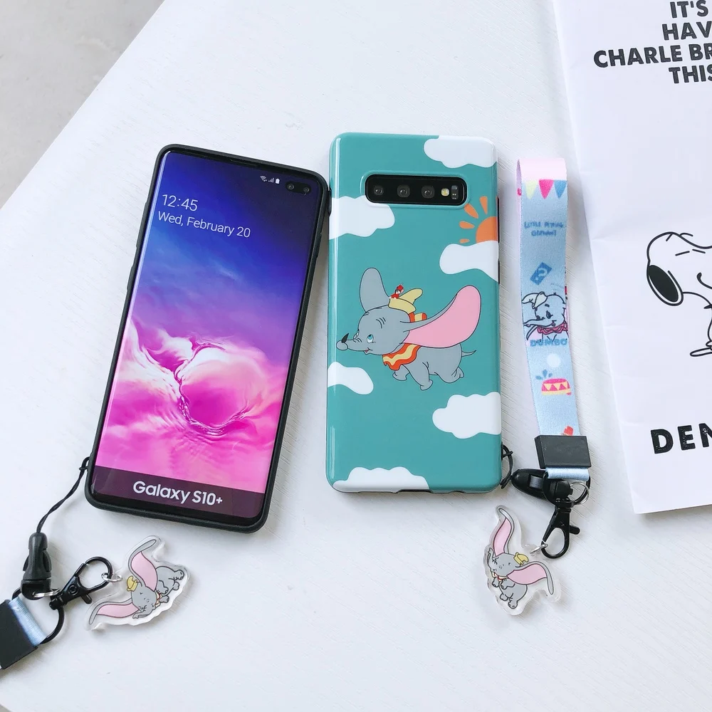 Мультяшный милый чехол для Dumbo S10 Plus, мягкий чехол для телефона s, для samsung Galaxy S9 plus, S8, note 10 plus, 9, 8, чехол+ Кристальный подвесной ремень