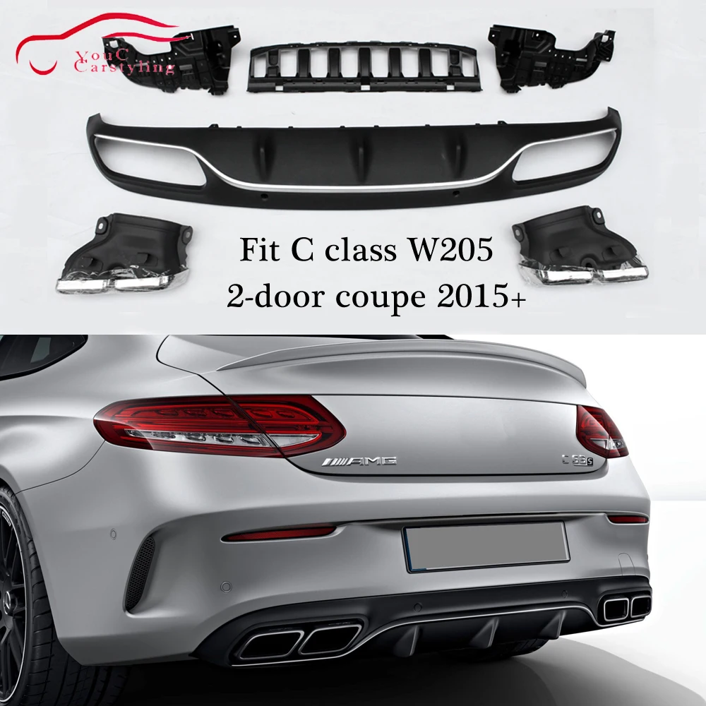 W205 AMG Rear Bumper Diffuser with 4-outlet Chrome Exhaust tips for Mercedes C class Coupe Cabriolet AMG Package 2015 - 2018 W205 AMG Rear Bumper Diffuser with 4-outlet Chrome Exhaust tips for Mercedes C class Coupe Cabriolet AMG Package 2015 - 2018