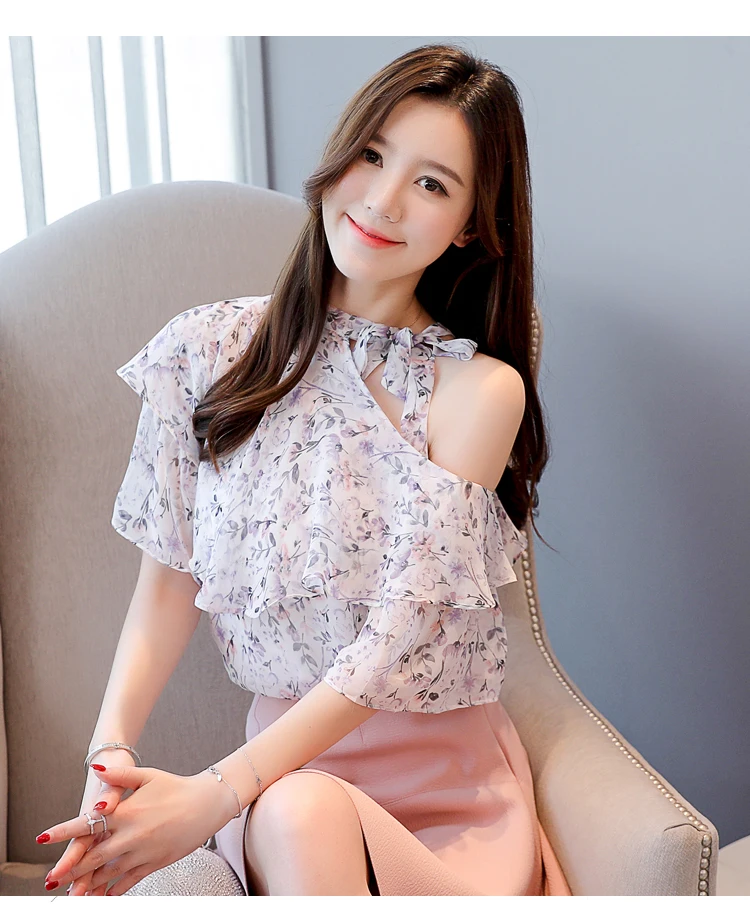 Модная женская блузка и топы, корейская модная одежда, топ с открытыми плечами, рубашки с бантом,шифоновая блузка с оборками, рубашки 3129 50