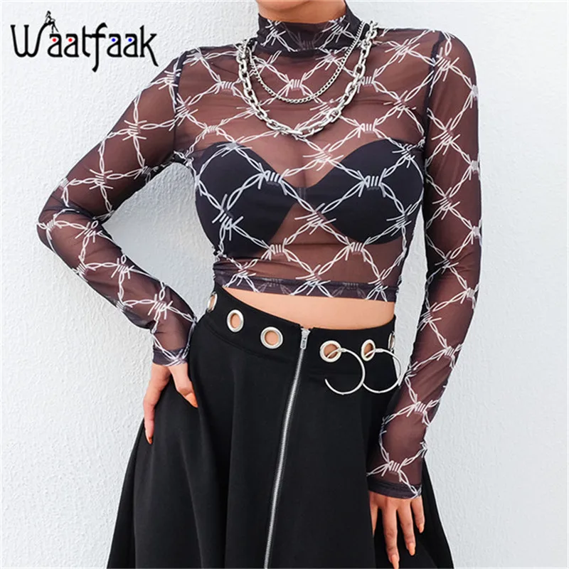 

Waatfaak Mesh Tee Shirt Femme Sexy Long Sleeve Crop Top Chain Print T Shirt Women Streetwear Vintage Fishnet tops T-shirt Kawaii