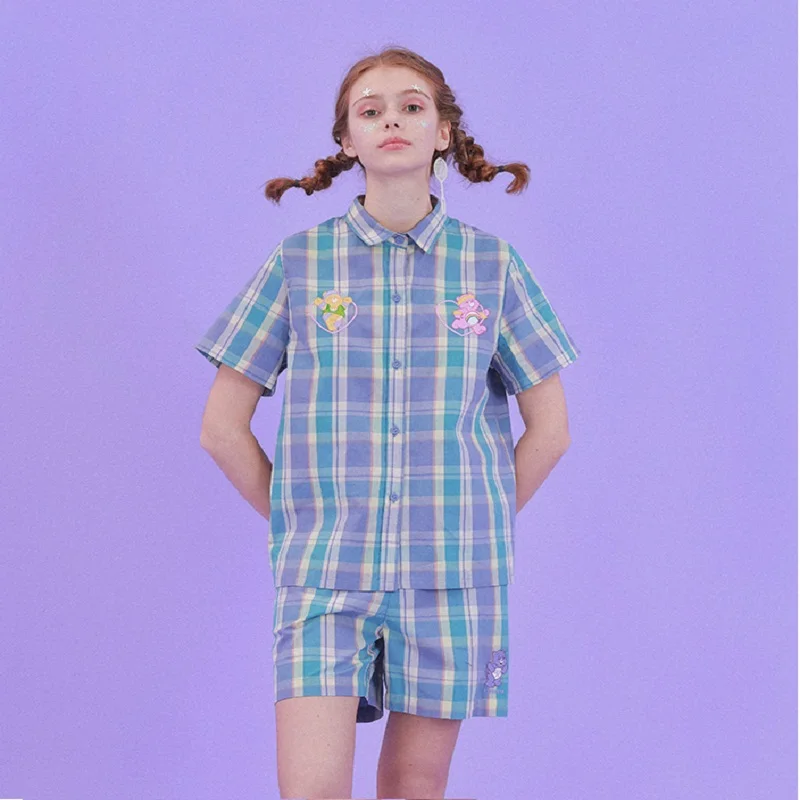 

Summer Blouse For Women Short Sleeve Cotton Plaid Print Bear Embroidery Female Loose Shirt Tops