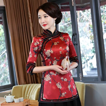 

S-3XL 2020 New Women Shirt Vintage Improved Mandarin Collar Clothing Sexy Print Flower Clothes Plus Size Lady Business Blouse