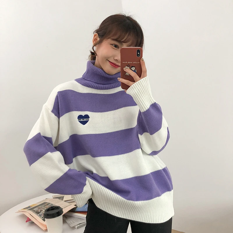 Skup Koreański miękkie siostra śliczne cukierki kolor paskiem sweter z dzianiny kobiety zima golf z długim rękawem Pullover Jumper