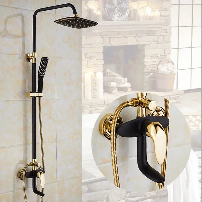 Koop Europese luxe blak douche set gouden douche sets met kwaliteit messing regendouche set voor mode wall mount douche caddy
