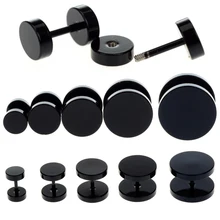 Brinco falso de stretcher com orelha, 2 peças, preto, joias para mulheres e homens, piercing do túnel da orelha, joias corporais de aço inoxidável 6-14mm